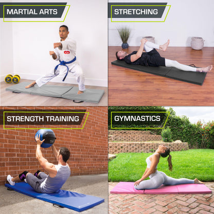 ProsourceFit Tri-Fold Folding Thick Exercise Mat 6’x2’ with Carrying Handles for MMA, Gymnastics Core Workouts, Black