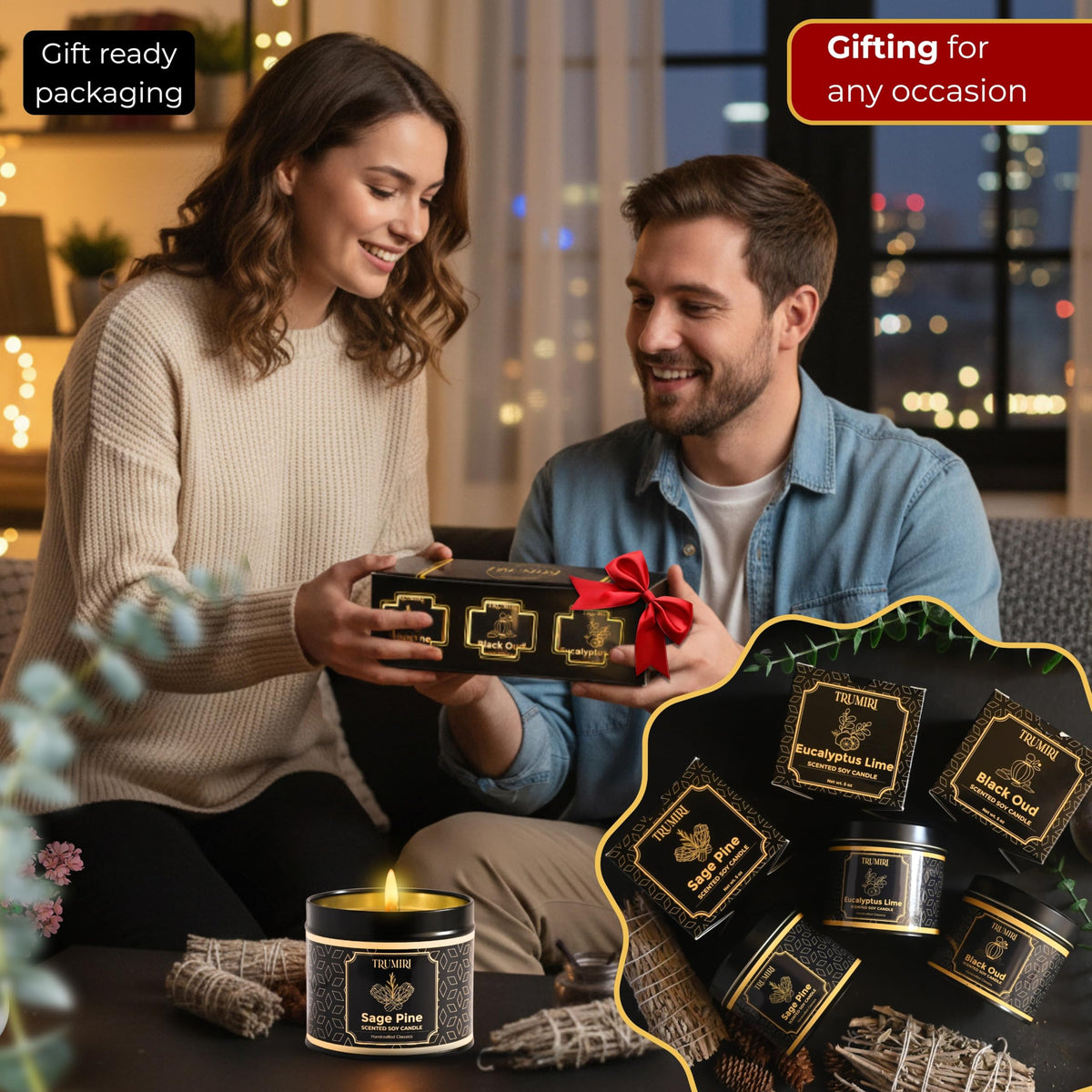 Candle Gift Set of 3 Black Oud|Sage Pine|Eucalyptus Lime Strong Scented Soy Candels Clean Non Toxic Velas Aromáticas Favors for Women Coworkers Friends Guests Also for Fall Diwali Christmas Holidays