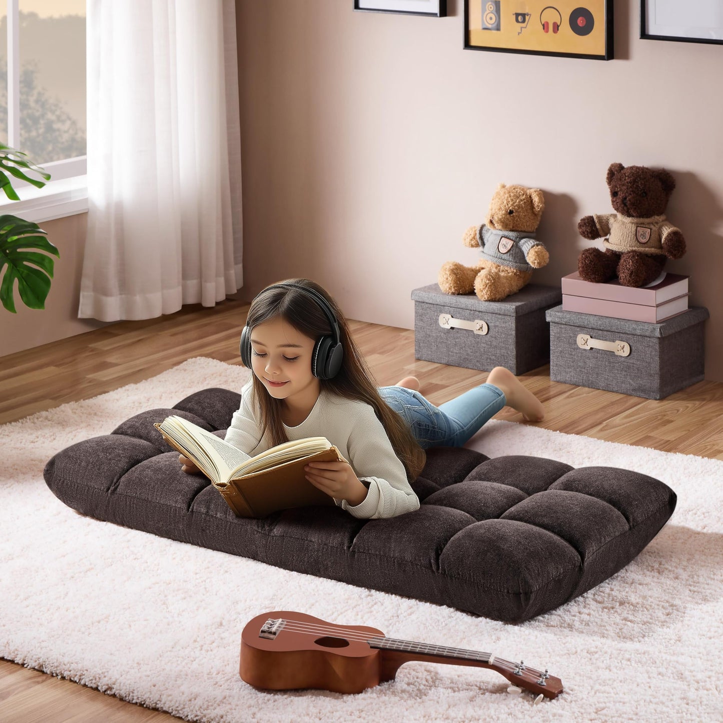 Yaheetech Floor Folding Chair with Back Support, Padded Folding Gaming Sofa Chair with 14 Adjustable Backrest, Adults Couch Recliner, Floor Seating Lounge Chair, Armless Meditation Chair, Brown