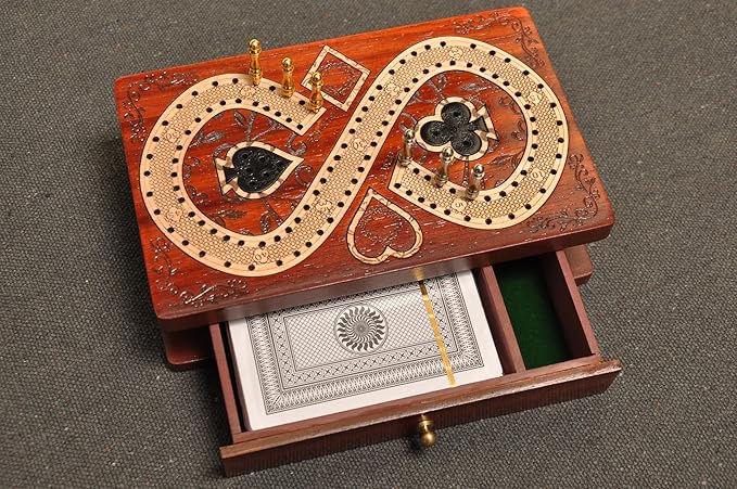 PALM ROYAL HANDICRAFTS 2 Track Cribbage Board Game Set with Magnetic Pull Drawer Playing Cards - Metal Pegs - Storage Available Travel Portable Cribbage Game Sets for Family. (Size - 6.5 x 4).