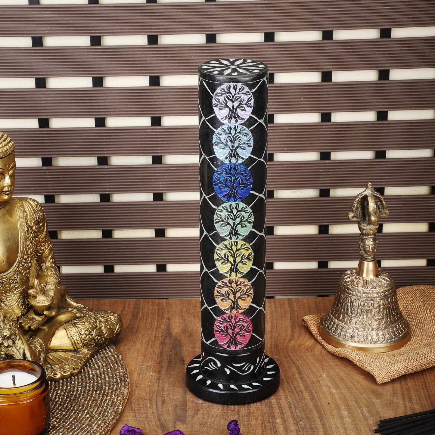 Ajuny Marble Incense Stick Tower Burner Tree of Life Carving Round Tealight Candle Stand Black Incense Stick Holder with Ash Catcher for Yoga Meditation Fragrance Home and Office Décor (10.5 Inch)