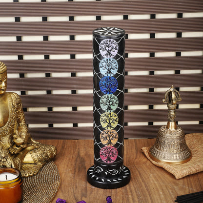 Ajuny Marble Incense Stick Tower Burner Tree of Life Carving Round Tealight Candle Stand Black Incense Stick Holder with Ash Catcher for Yoga Meditation Fragrance Home and Office Décor (10.5 Inch)