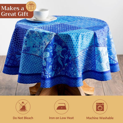 Maison d' Hermine Table Cloth Round Table 100% Cotton 63 Round Inches Tablecloth Reusable Decorative for Dining Kitchen Room Farmhouse Home Gifts for Mothers Day Spring Summer - Indigo Love