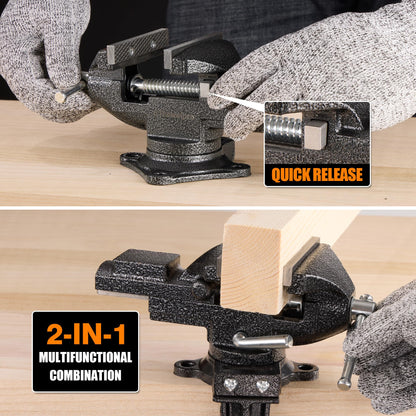 Dual-Purpose Combined Universal Vise 360°Swivel Base Work,Multi-Purpose Bench Vise 3.3", Table Vise with Quick Adjustment, Multi-Jaw, Easy Adjustment for Woodworking, Metalworking,Cutting Conduit
