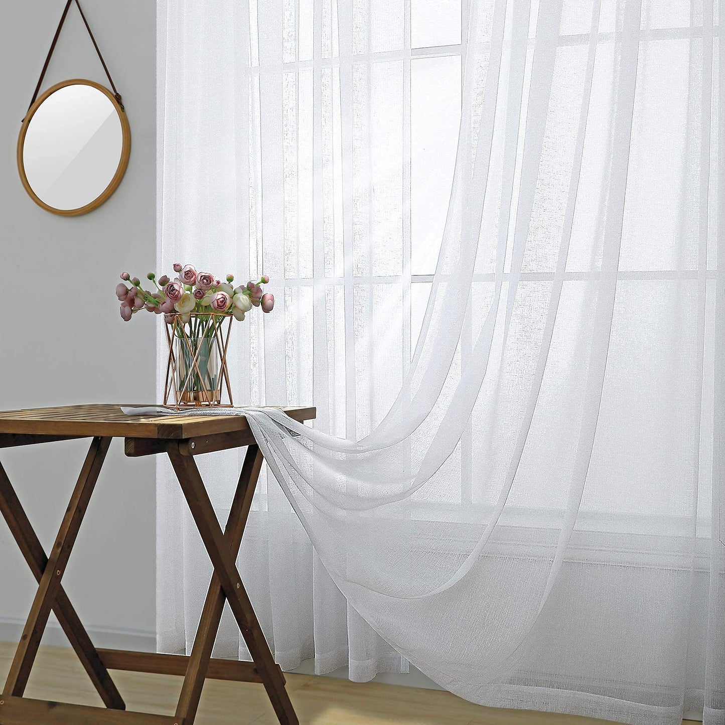 KOUFALL 108 Inch Long White Sheer Curtains,Rod Pocket Linen Look 9 FT High Ceiling Large Window Curtain Drapes 108 Inches Long 2 Panels