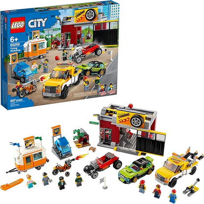 LEGO City Tuning Workshop 60258 Features a Toy Garage Car Shop Camping Trailer Motorcycle Crane and Tow Truck in One Fun Playset Makes a Great Gift for Kids
