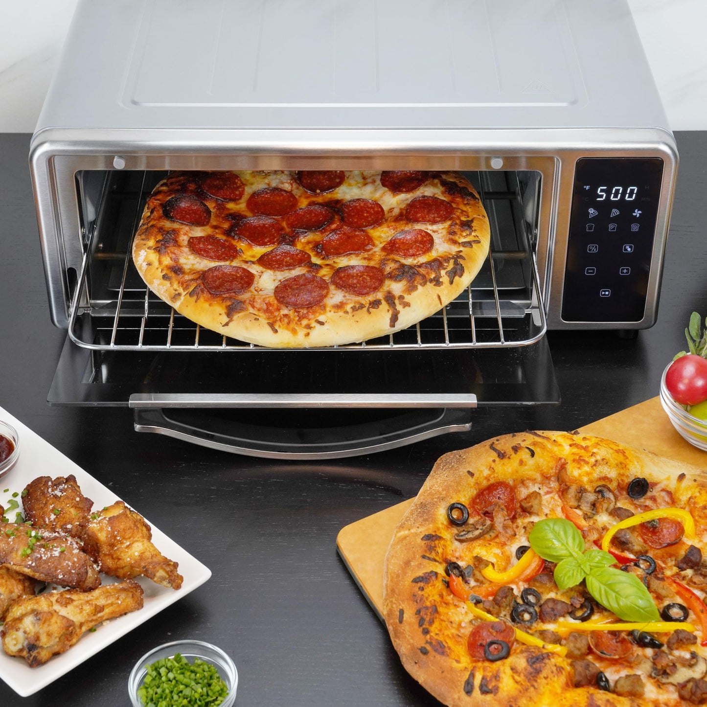 Kalorik MAXX Air Fryer Pizza Oven with Stone, Turbo-Heat Technology Up To 600F Featuring Touchscreen Controls with 6 Preset Functions Fits 12-Inch Pizzas, 1700-Watts, Stainless Steel