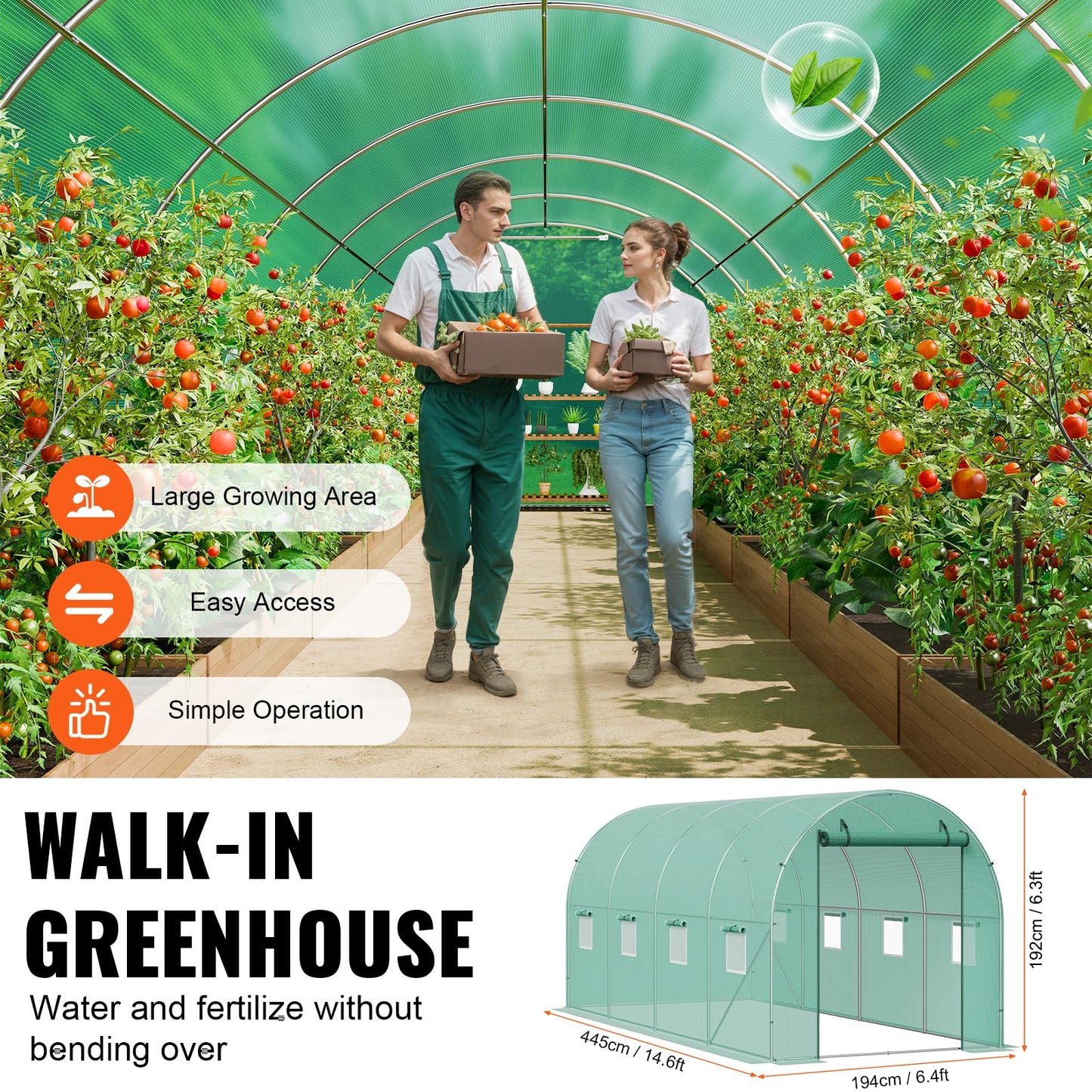 VEVOR Walk-in Tunnel Greenhouse, 14.6x6.4x6.3 ft Hoop House Greenhouse Tunnel, Plant Hot House with Galvanized Steel Frame, Green PE Cover, Roll-up Zipper Door and 8 Windows for Outdoor