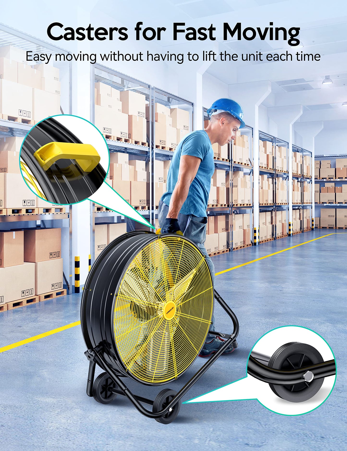 VAGKRI 24 Inch Industrial Drum Fan, 320W High Velocity Floor Fan, 3 Speed Heavy Duty Metal Air Circulator, 360° Tilt with Casters Handle ETL Standard for Patios, Warehouse, Commercial,Basement