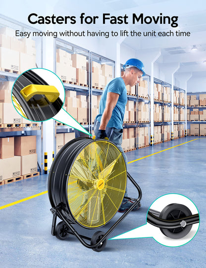VAGKRI 24 Inch Industrial Drum Fan, 320W High Velocity Floor Fan, 3 Speed Heavy Duty Metal Air Circulator, 360° Tilt with Casters Handle ETL Standard for Patios, Warehouse, Commercial,Basement