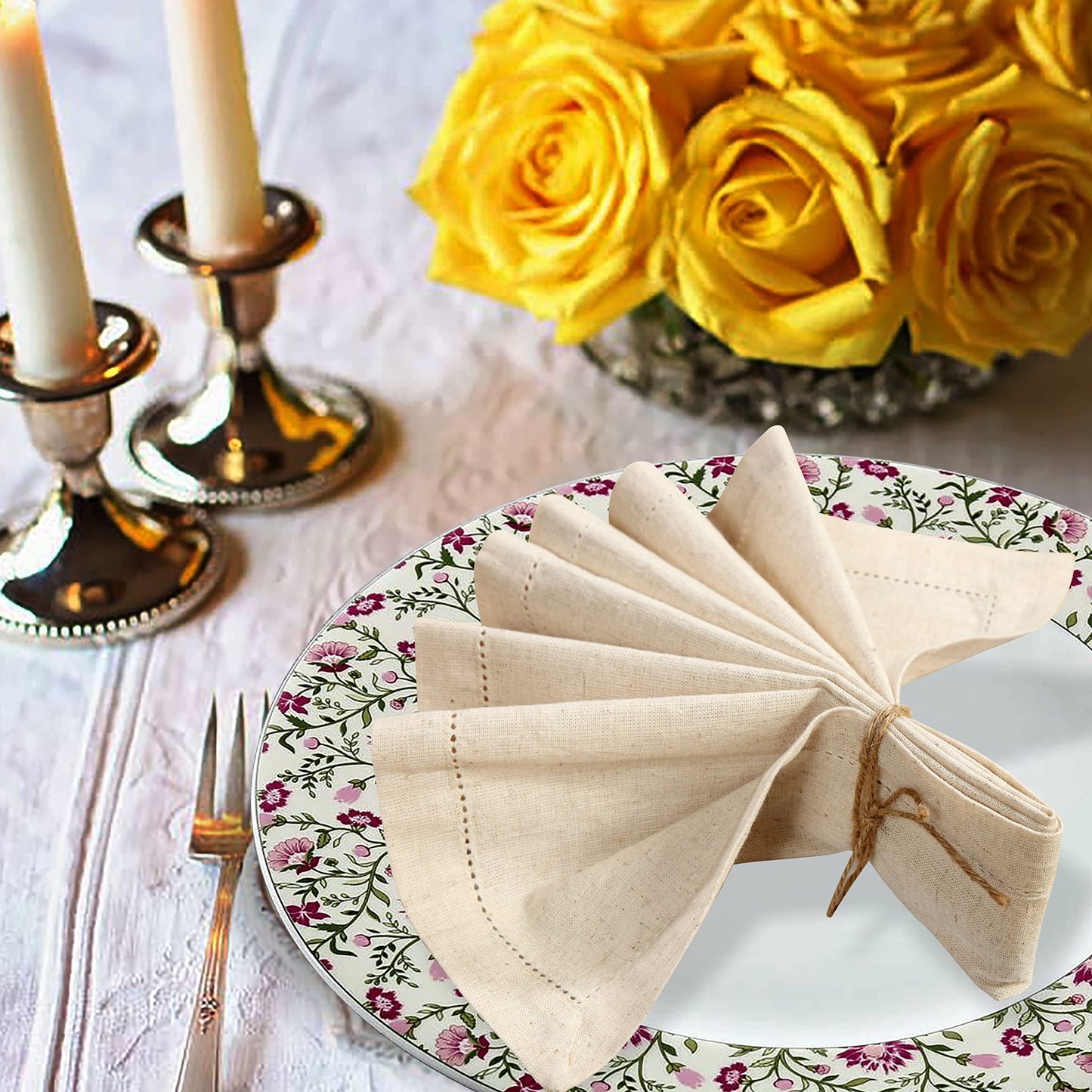 GFI LINEN CLUBS Cotton Flax Linen Cloth Dinner Napkin - Pack of 12 Natural Premium Hemstitched Napkins, 20x20 Inch, Machine Washable, Reusable Table Cloth for Dining, Parties, Weddings & Everyday Use