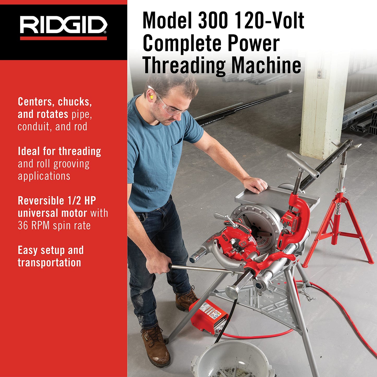 RIDGID 15682 Model 300 Power Drive Complete, 38 RPM Pipe Threading Machine with 1/2-Inch to 3/4-Inch, 1-Inch to 2-Inch Universal Alloy Threading Die Heads, Oiler