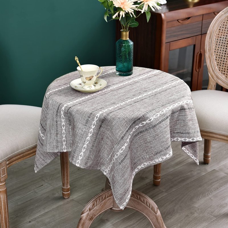NEWISHER Rustic Farmhouse Embroidered Small Square Tablecloth Jacquard Striped Table Cloth Linen Texture Washable Fabric Side Table Cover Kitchen Dining Home Decoration (Coffee, 36x36 inch)