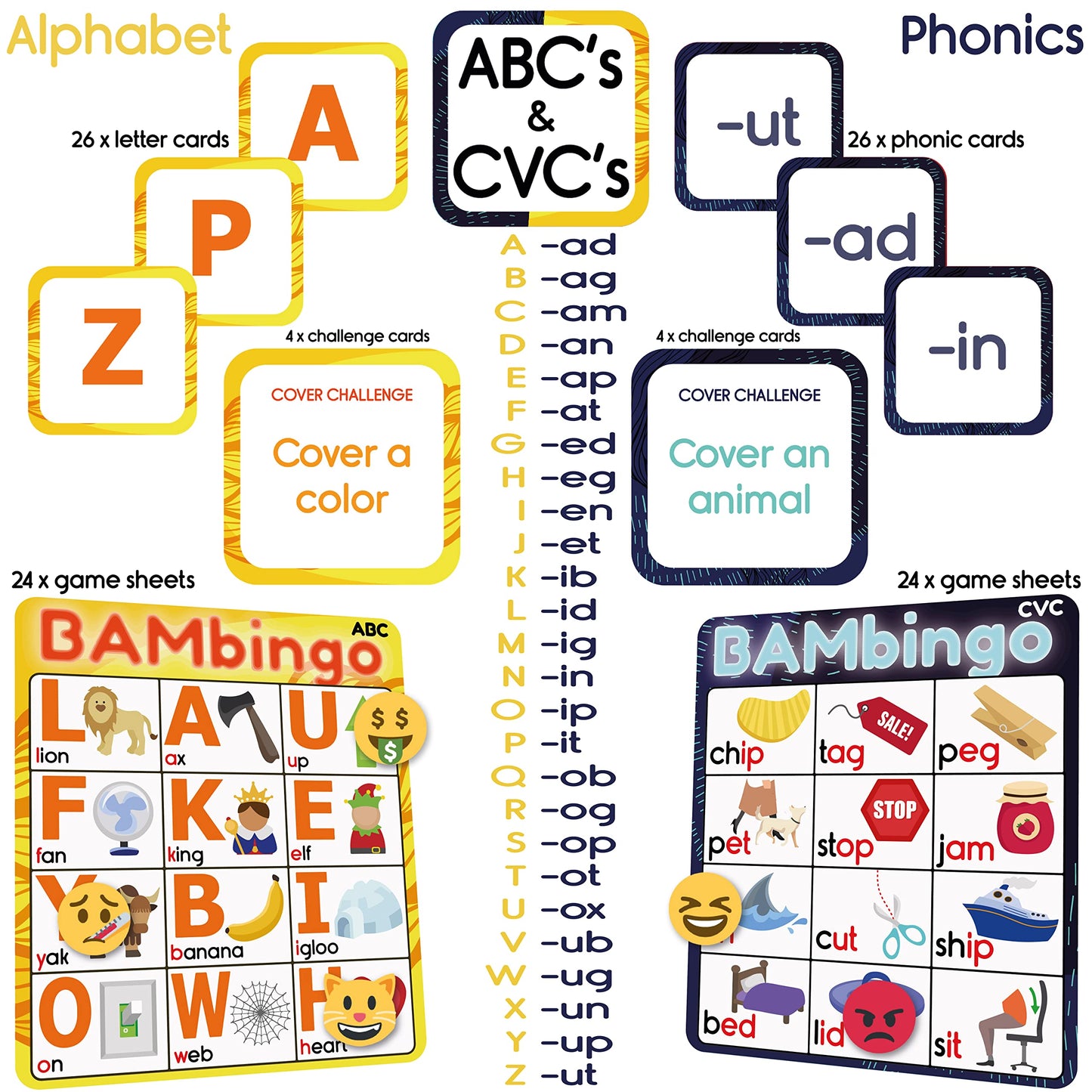 THE BAMBINO TREE Alphabet and Phonics Bingo - ABC Learning Letter Recognition and CVC Words with Pictures - Phonics Games for Kids Ages 3-7 yrs Preschool Kindergarten