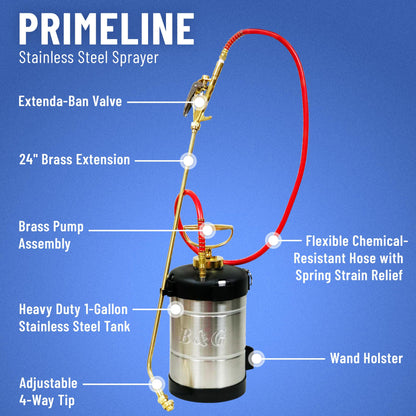 B&G - Primeline 1 Gallon Stainless Sprayer (N124-S-24) - Extenda-Ban Valve - 24" Brass Extension - 4-Way Tip - Durable, Precise, Field Repairable