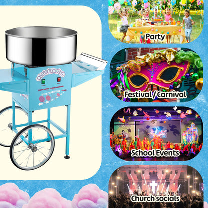 Cotton Candy Machine With Cart – 1000W Flufftastic Floss Maker With Stainless-Steel Pan, Side Trays, And 13in Wheels By Great Northern Popcorn (Blue)