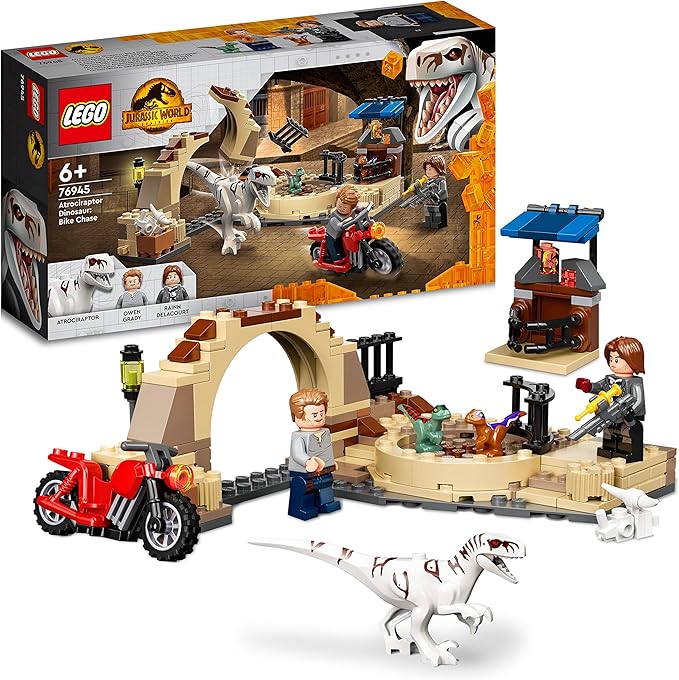 LEGO 76945 Jurassic World Atrociraptor: Motorcycle Chase Set of 3 Dinosaur Figures and Toy Motorcycle for Children from 6 Years
