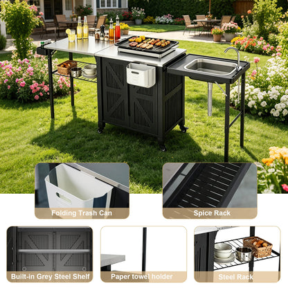 aoole Outdoor Grill Cart with Storage Cabinet, 3-in-1 Movable Kitchen Island Cart, Outdoor Grill Cooking Station with Stainless Steel Countertop&Rolling Wheels&Folding Side Tables for Backyard Patio