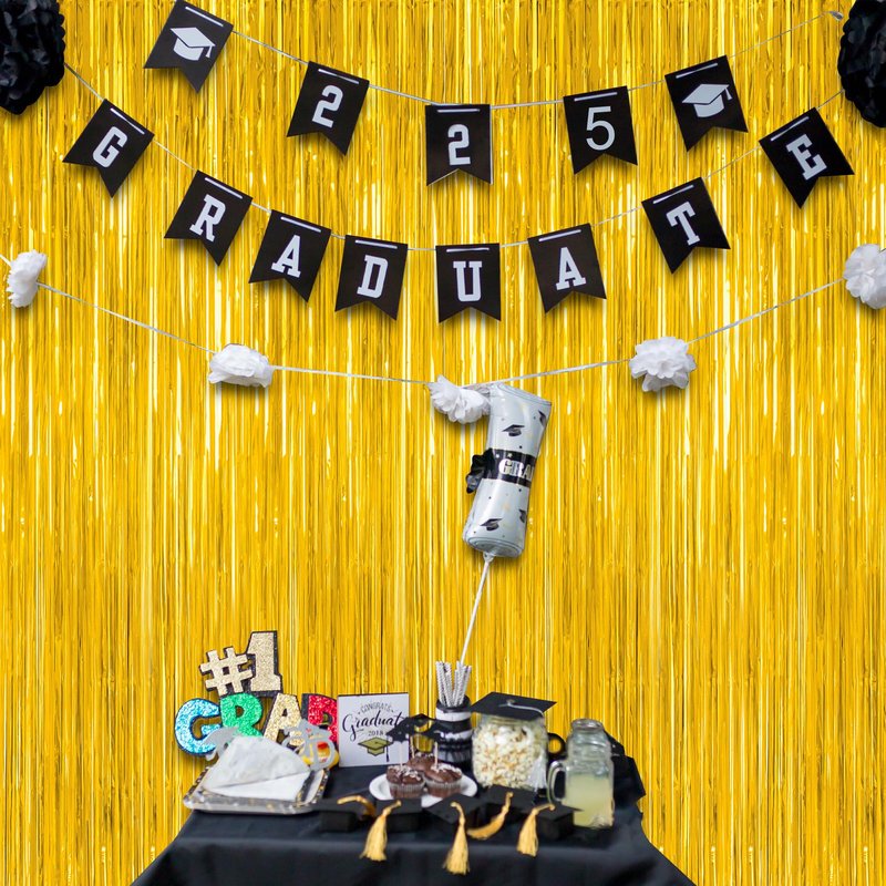 4 Pack 2026 Graduation Party Decorations, 3.28 x 7.05 Feet Gold Grad Curtains, Metallic Gold Backdrop Curtain Class of 2026 Backdrop Party Streamer, Congrad Backdrop Grad Decor 2026