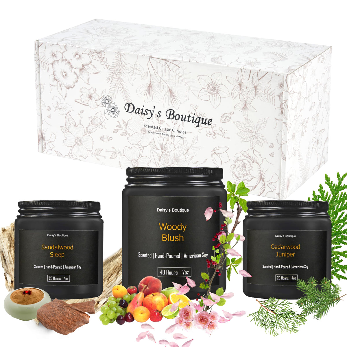Scented Candles for Home Aromatherapy Candle Gift Present Set Soy Wax Long Lasting Gift Birthday Mother's Day Thanksgiving 3 Pack ((Sandalwood + Woody Blush + BlackCedarJuniper) Black Glass Jar)