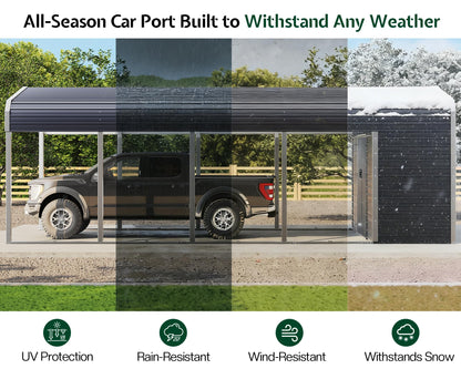 Jocisland 12x24 FT 2-in-1 Carport & Storage Shed, Heavy Duty Carport with Galvanized Steel Roof, 12x4.2 FT Metal Shed with 2 Transparent Panels & Double Doors, Car Canopy for Cars, Boats, Trucks