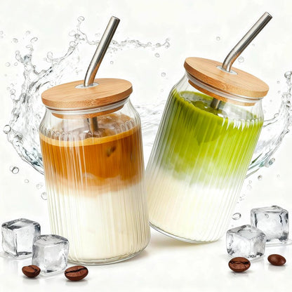 Lyghei 2 Packs Ribbed Glass Tumbler with Lid and Straw 16 oz Vintage Ice Coffee Cup Set Bulk Simple Smoothie Juice Matcha Tea Water Slushie Clear Hot Drink Glasses Travel Mug Modern Kitchen Glassware