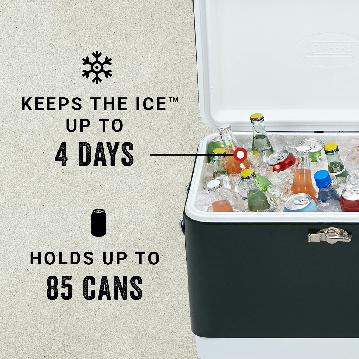 Coleman Vintage 54qt Steel Belted Cooler, Keeps Ice Up to 4 Days, 85-Can Capacity Hard Cooler with Drain & Have-A-Seat Lid