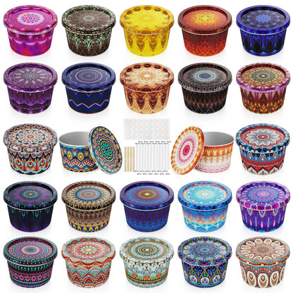 Happyhube Empty Candle Tins for Making Candles, 24 Pack 2.5 oz Metal Containers, Travel-Friendly Rust-Proof Tins with Lids, 24 Patterns Jars(Colourful)