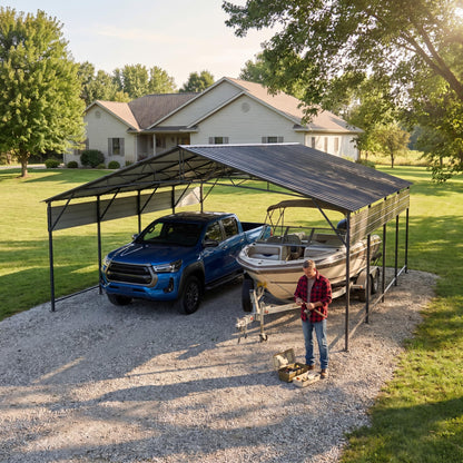 Devoko 20x20 FT Metal Carport, Heavy Duty Car Canopy with Galvanized Steel Roof, Reinforced Base Frame, All-Weather Garage, Outdoor Shelter for Cars, Trucks, Boats, Tractors & RV (Black)