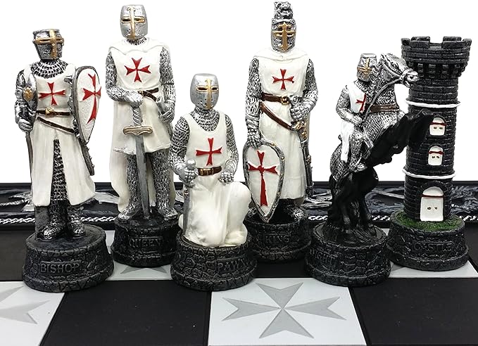 HPL Medieval Times Crusades Blue and White Armored Maltese Knights Chess Set with 17 Board