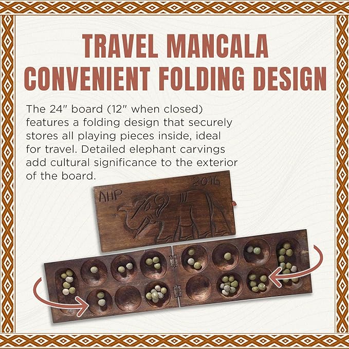 Africa Heartwood Project African Oware Mancala Board - Wooden Folding Mancala Square Shape Hand-Carved Solid Wood with Elephant Design 48 Seeds and Instructions Included