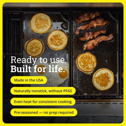 Lodge Double Play Reversible Cast Iron Grill/Griddle - Dual-Sided with Double Burner Configuration for Eggs, Pancakes, Burgers & More - Seasoned, Non-Toxic Cookware - Heavy-Duty Grill Pan - Black