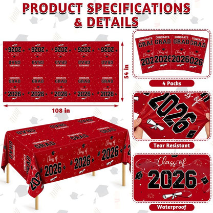 QZYL 4 Pack Graduation Table Cloth, 54" x 108" Red 2026 Graduation Table Decorations, Disposable Grad Party Decorations for College, Rectangle Plastic Tablecloth for Class of 2026 Congrats Grad