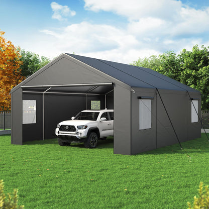 Polar Aurora 20x20 FT Heavy Duty Carport with All-Season Tarp, Portable Car Tent Garage with Roll-Up Windows & Side-Opening Door, Enclosed Car Port Canopy Tent with Galvanized Frame for Car, SUV, Boat