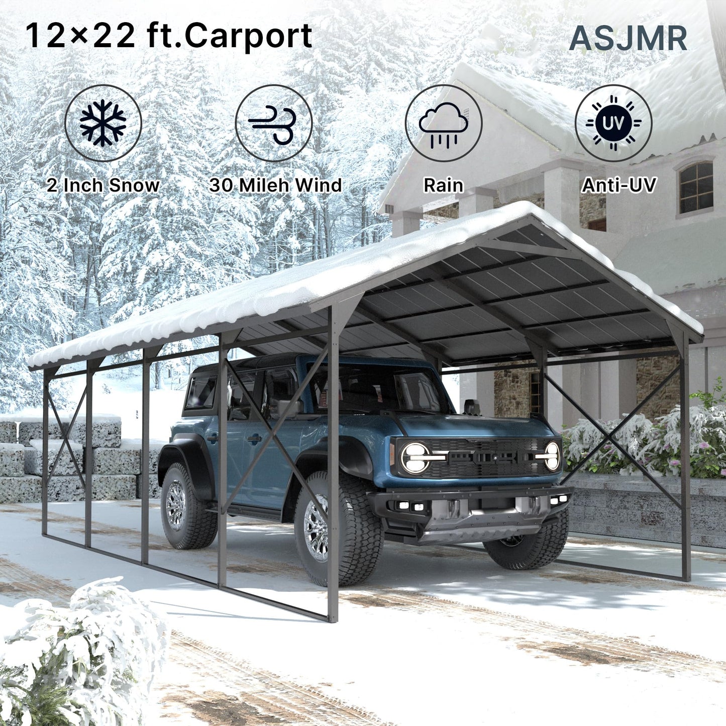 ASJMR 12' x 22'Metal Carport Heavy Duty, Outdoor Carport Canopy Heavy Galvanized Garage Car Shelter with Enhanced Base and Roof,Weather-Resistant Canopy for Cars, Trucks, Boats, Pickups