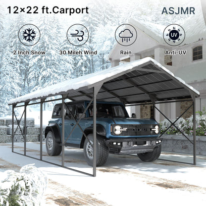 ASJMR 12' x 22'Metal Carport Heavy Duty, Outdoor Carport Canopy Heavy Galvanized Garage Car Shelter with Enhanced Base and Roof,Weather-Resistant Canopy for Cars, Trucks, Boats, Pickups