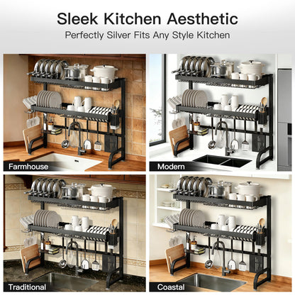 MAJALiS 3 Tier Extra Large Stainless Steel Expandable Over The Sink Dish Drainer Drying Rack, Rust Proof Metal, Space Saving, Modern Black Big Capacity Extendable Plate Strainers Above Counter