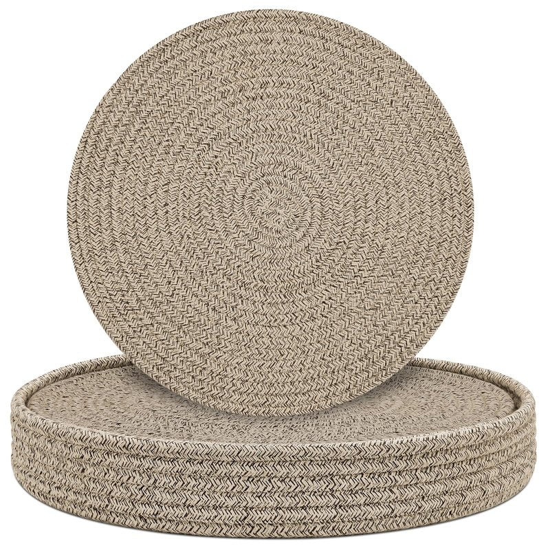 Round Placemats Set of 6 with Holder, Cotton Rope Woven Place Mats, Hot Pads for Kitchen, Heat Resistant Table Mats, 13 Inch Farmhouse Washable Braided Placemat for Kitchen Decor (Brown)