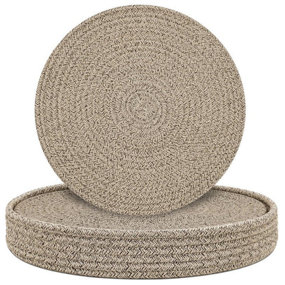 Round Placemats Set of 6 with Holder, Cotton Rope Woven Place Mats, Hot Pads for Kitchen, Heat Resistant Table Mats, 13 Inch Farmhouse Washable Braided Placemat for Kitchen Decor (Brown)