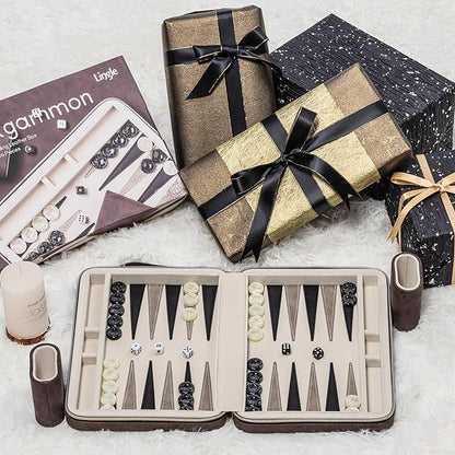 Backgammon Sets for Adults Classic Board Game with Folding Faux Leather Backgammon Case Portable Travel Backgammon Game Set (Brown)