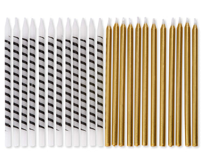 Papyrus Birthday Candles, White and Black Stripe and Gold (24-Count)