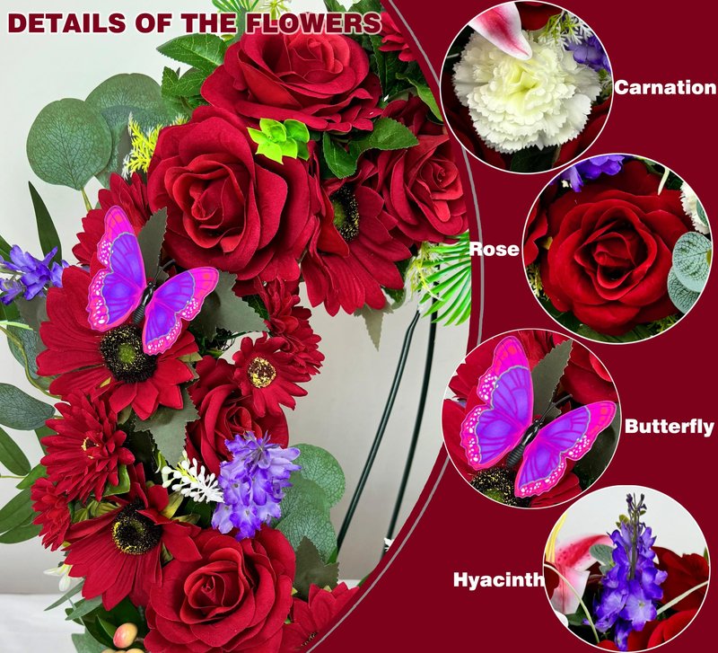Naramiji Cemetery Wreath for Grave, Red Roses Memorial Wreath with 30 Inch Easeal Stand, Fade-Resistant