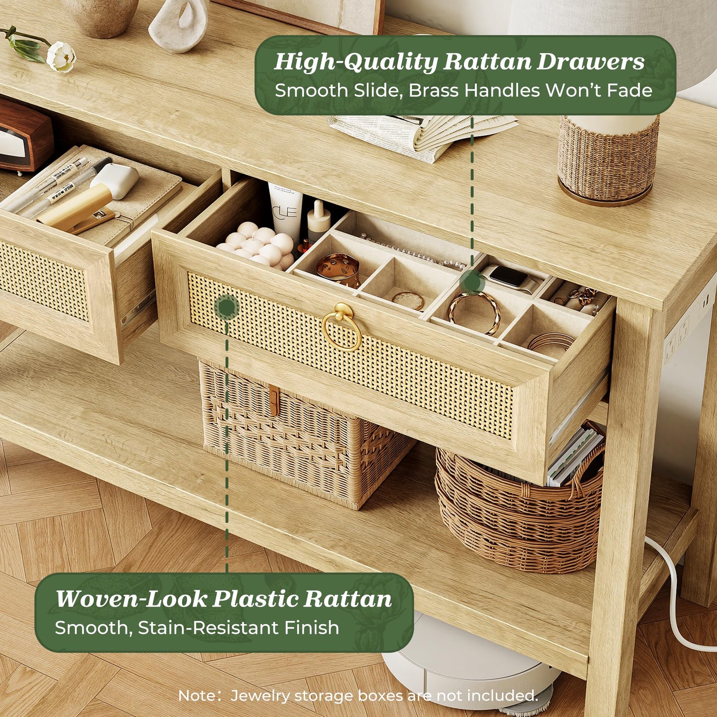 SUPERJARE Rattan Console Sofa Table with Outlets and USB-C Port, 2 Drawer Entryway Table with Synthetic Rattan Surface, 39 Inch, Open Shelf, Behind Couch Entry Foyer Hallway Storage, Natural