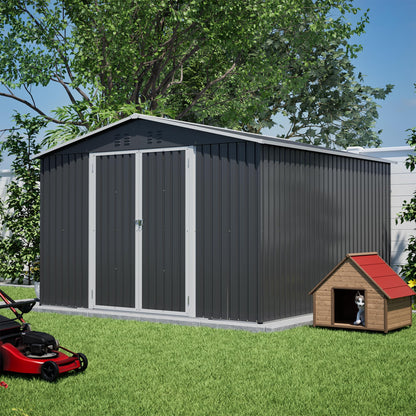 10'x10' Galvanized Steel Outdoor Storage Shed with Lockable Sliding Double French Doors & Top Air Vents, Large Heavy-Duty Garden Tool Shed, Black