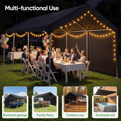 SIHAIAN 10 x 20 Ft Carport Replacement Canopy Cover with Sidewall(No Frame) Easy to Set up Carport Canopy, 500D Heavy-Duty Garage Top Tent Tarp Waterproof and UV Protected (Only Canopy Cover) Black