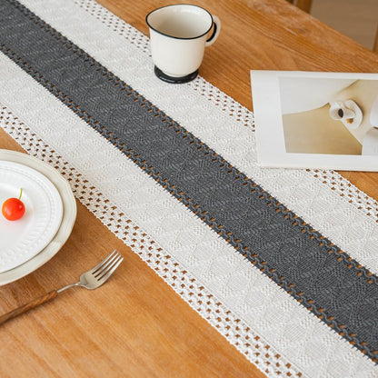 FEXIA Boho Table Runner for Home Decor with Tassels 108 Inches Long,Grey Farmhouse Rustic Table Runner Macrame Burlap Table Decoration for Living Room Bridal Shower(12x108 Inches)