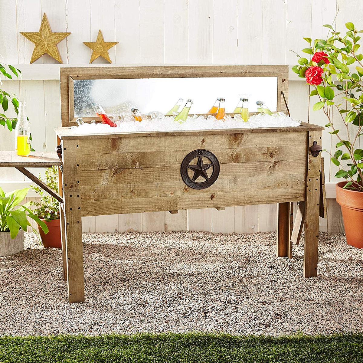 BACKYARD EXPRESSIONS PATIO · HOME · GARDEN 913284-NM Outdoor Beverage Cooler for Patio-87 Qt. w/Folding Side Tables-Rustic Brown-Backyard Expressions, 87 Quart, Natural Wood