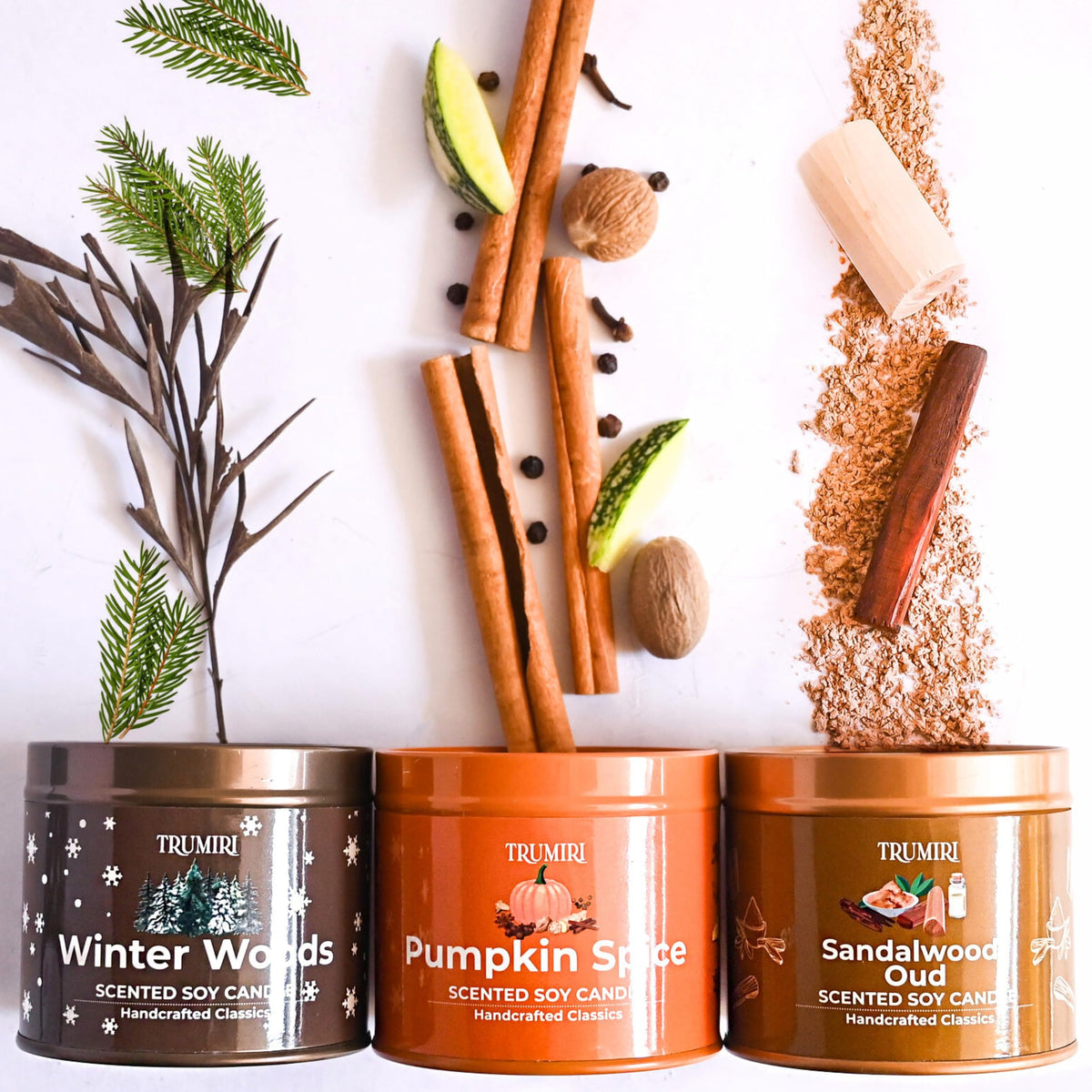 Winter Woods, Pumpkin Spice, Sandalwood Oud - Soy Candles Non Toxic - Highly Scented Long Lasting with Essential Oils - Variety Pack of 3 x 5oz - for Home Aromatherapy Meditation Gift Travel
