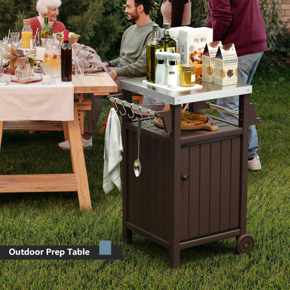 KORVOS Kitchen Portable Outdoor Grill Cart, Patio Movable Bar Cart with 304 Stainless Steel Top&HDPE Frame, BBQ Table for Indoor,Outdoor&All Weather Use, Brown