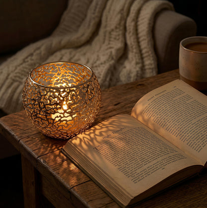 Metal Cut-Out Tealight Candle Holders Set of 2 – Geometric Lanterns for Table Centerpiece & Bathroom Spa – Shatterproof Holiday Decor, Winter Wedding (Gold*2)